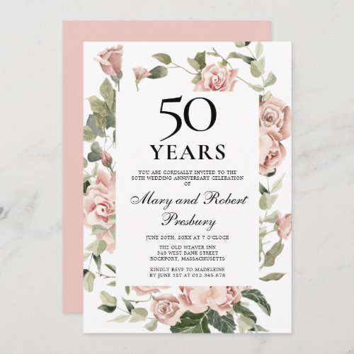 50th Wedding Anniversary Pink Rose Floral Invitation