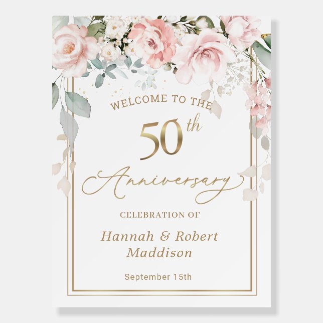 50th Wedding Anniversary Pink Roses Foliage Foam Board (Front)