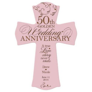 50th Wedding Anniversary Pink Wooden Wall Cross