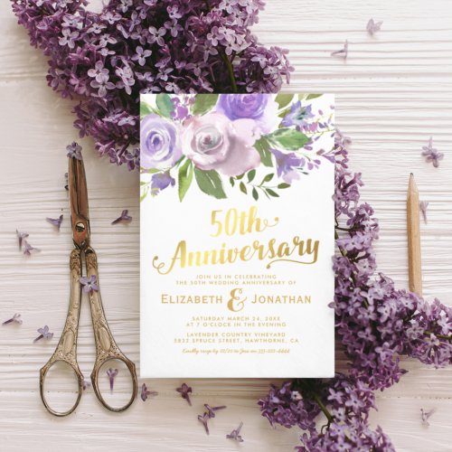 50th Wedding Anniversary Purple Gold Floral Invitation