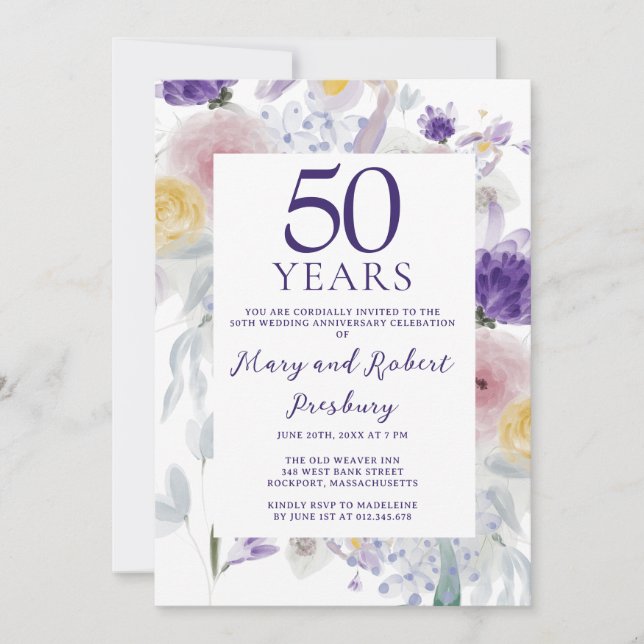 50th Wedding Anniversary Purple Pink Floral Invitation (Front)