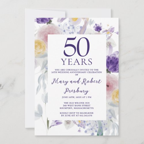 50th Wedding Anniversary Purple Pink Floral Invitation