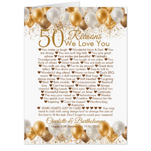 50th Wedding Anniversary Reasons We Love You Jumbo Card