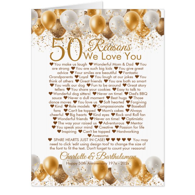 50th Wedding Anniversary Reasons We Love You Jumbo Card (Front)