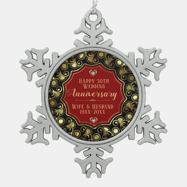 50th Wedding Anniversary Red Black & Gold Snowflake Pewter Christmas Ornament (Front)