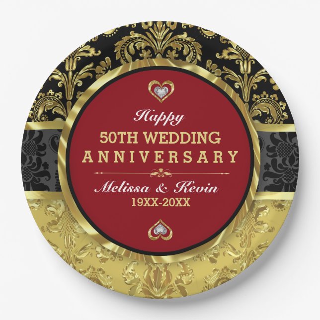 50th Wedding Anniversary Red Gold And Black Paper Plates (Front)