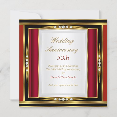 50th Wedding Anniversary Red Gold Black Diamond 1 Invitation