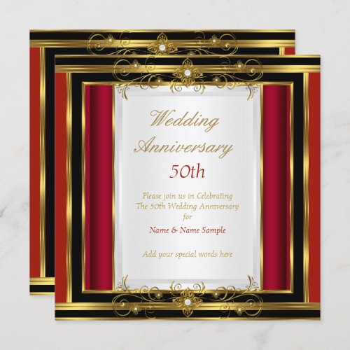 50th Wedding Anniversary Red Gold Black White Invitation