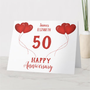 50th wedding anniversary red heart balloons letterpress thank you card