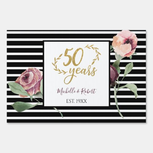 50th Wedding Anniversary Red Rose Gold Glitter 50 Sign