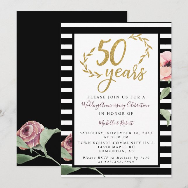 50th Wedding Anniversary Red Rose Gold Glitter Invitation (Front/Back)