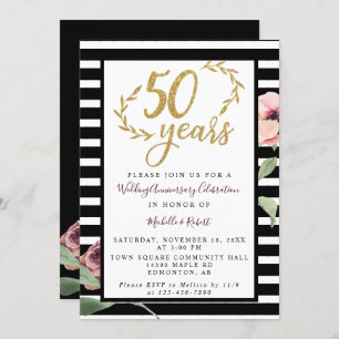 50th Wedding Anniversary Red Rose Gold Glitter Invitation