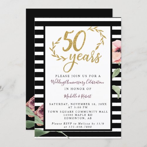 50th Wedding Anniversary Red Rose Gold Glitter Invitation