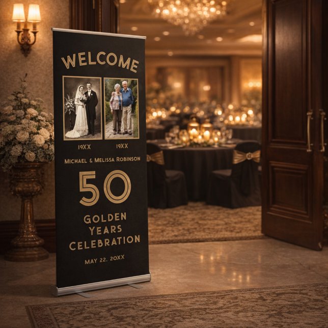 50th Wedding Anniversary Retractable Welcome Sign  (Freestanding retractable banner for upscale venues.)