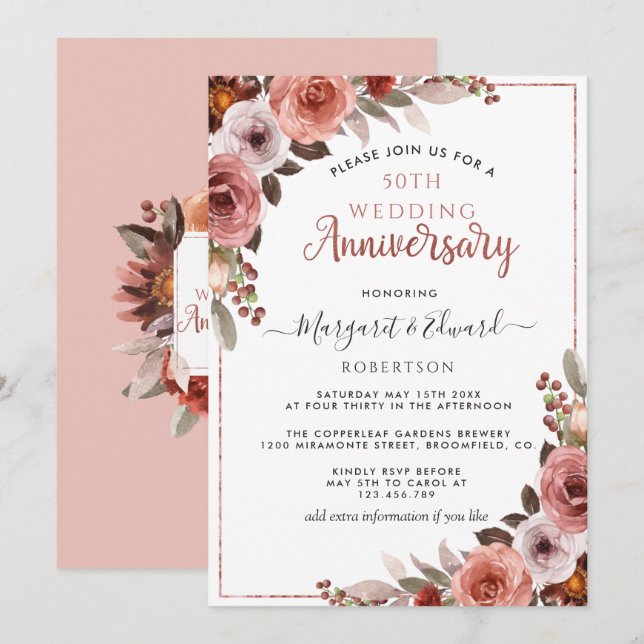 50th Wedding Anniversary Rose Gold Blush Floral Invitation (Front/Back)