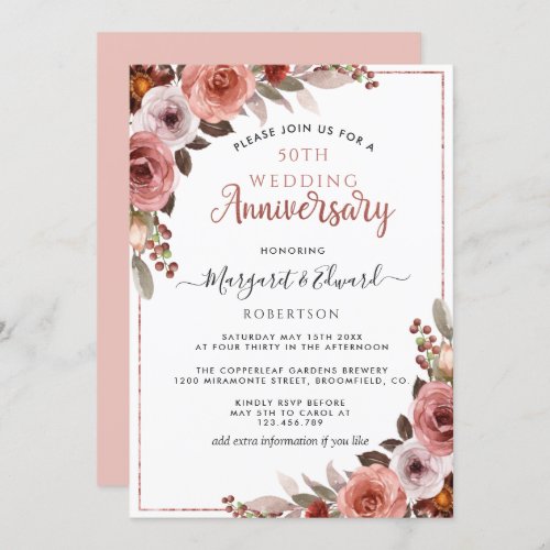 50th Wedding Anniversary Rose Gold Blush Floral Invitation