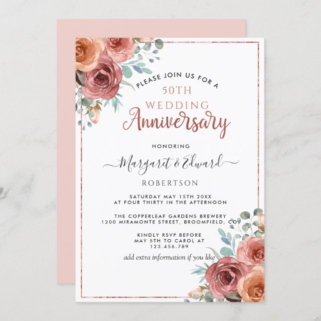 50th Wedding Anniversary, Rose Gold, Mint Floral Invitation (Front/Back)