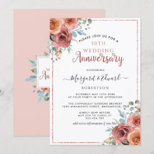 50th Wedding Anniversary, Rose Gold, Mint Floral Invitation