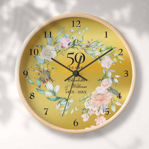 50th Wedding Anniversary Roses Floral Gold Foil Clock