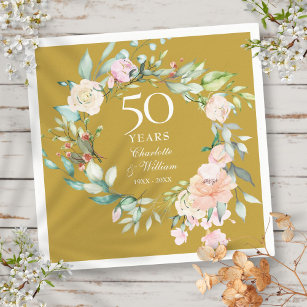 50th Wedding Anniversary Roses Floral Golden  Napkins