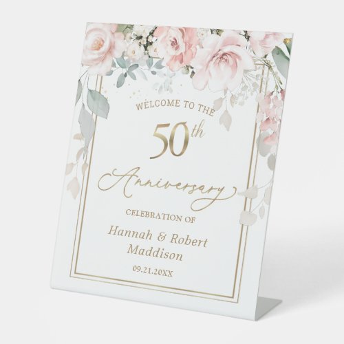 50th Wedding Anniversary Roses Foliage Pedestal Sign