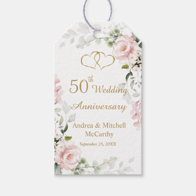 50th Wedding Anniversary Roses Hearts Gift Tag (Front)