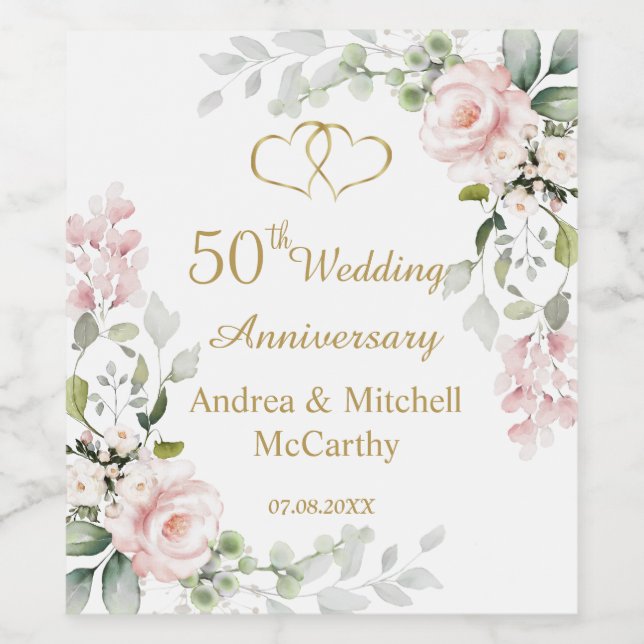 50th Wedding Anniversary Roses Hearts Wine Label (Single Label)