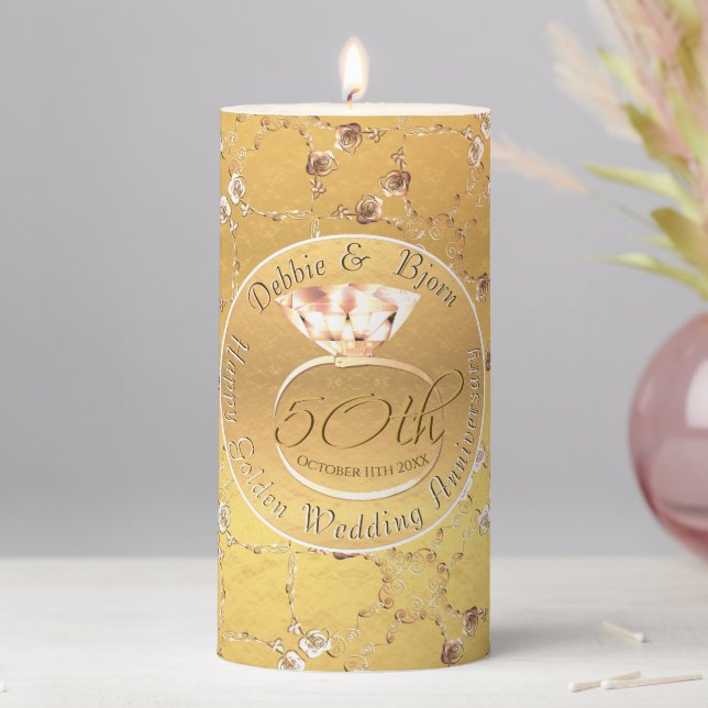 50th Wedding Anniversary Roses Pill Pillar Candle (In Situ)