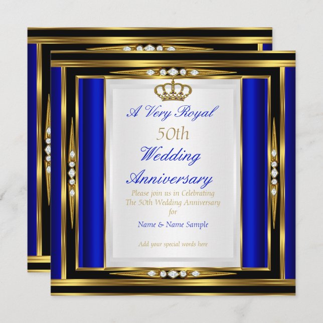 50th Wedding Anniversary Royal Blue Gold Crown 2 Invitation (Front/Back)