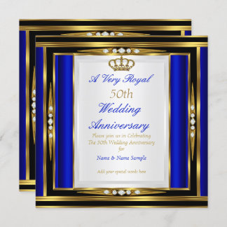 50th Wedding Anniversary Royal Blue Gold Crown 2 Invitation