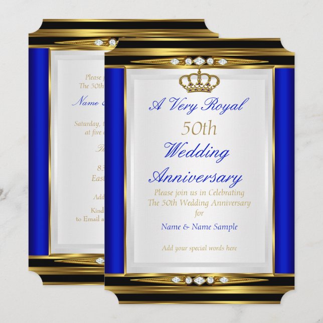 50th Wedding Anniversary Royal Blue Gold Crown 2 Invitation (Front/Back)