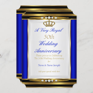 50th Wedding Anniversary Royal Blue Gold Crown 2 Invitation