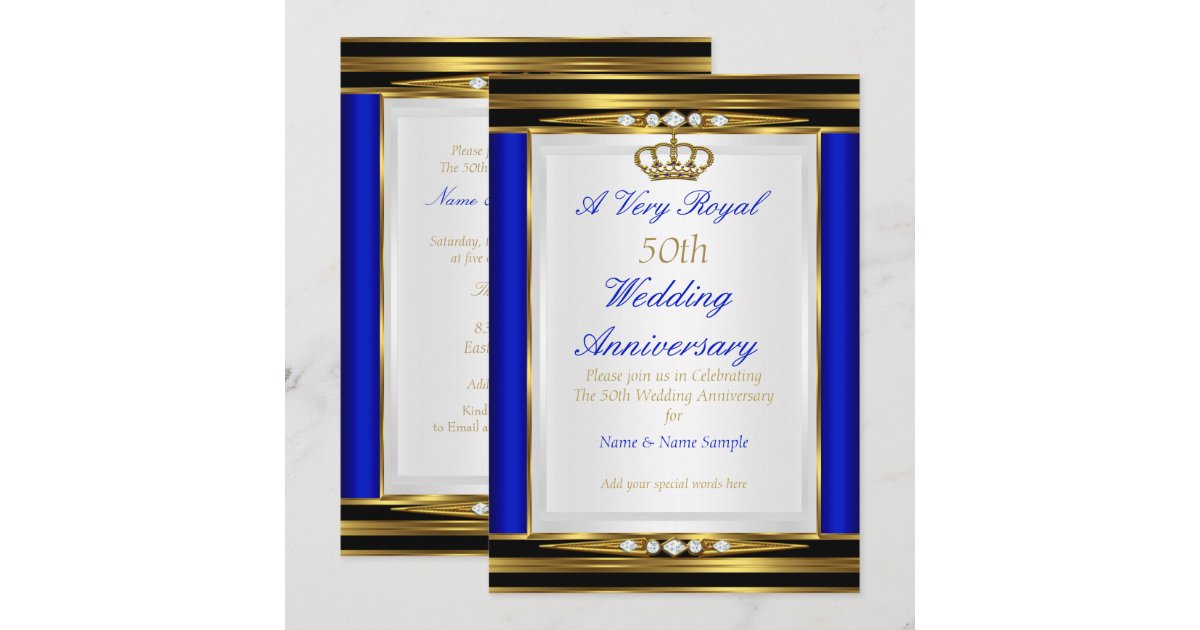 50th Wedding Anniversary Royal Blue Gold Crown 2 Invitation | Zazzle
