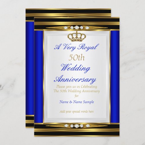 50th Wedding Anniversary Royal Blue Gold Crown 2 Invitation