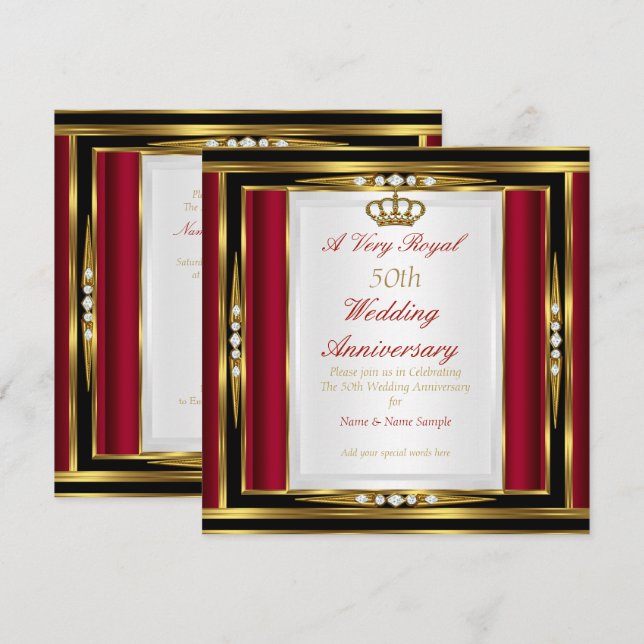 50th Wedding Anniversary Royal Red Gold Crown Invitation (Front/Back)