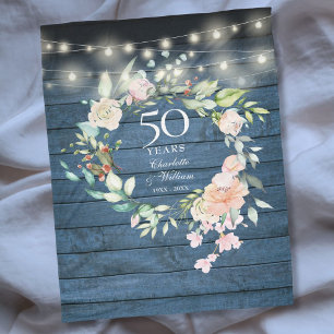 50th Wedding Anniversary Rustic Blue Wood Floral Fleece Blanket