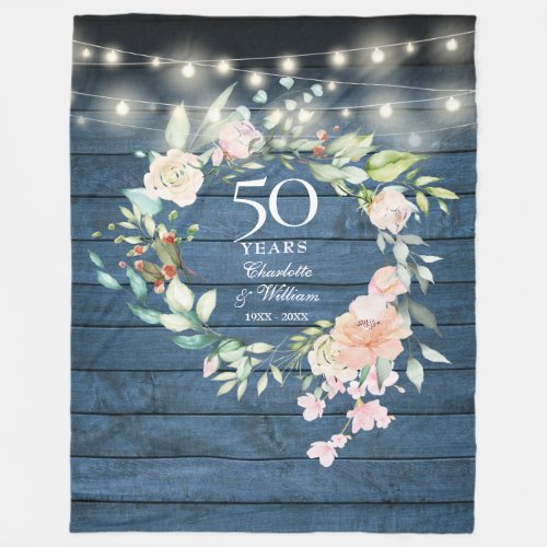 50th Wedding Anniversary Rustic Blue Wood Floral Fleece Blanket