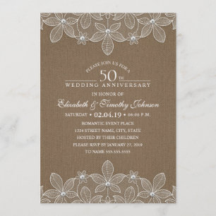 50th Wedding Anniversary Rustic Dark Burlap Lace Invitation