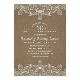 50th Wedding Anniversary Rustic Dark Burlap Lace Invitation