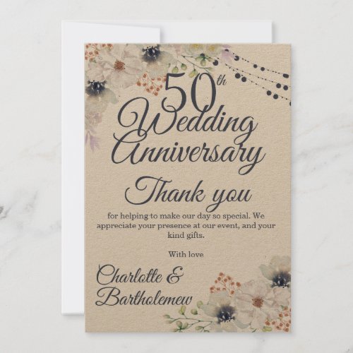 50th Wedding Anniversary Rustic Floral Kraft Thank You Card