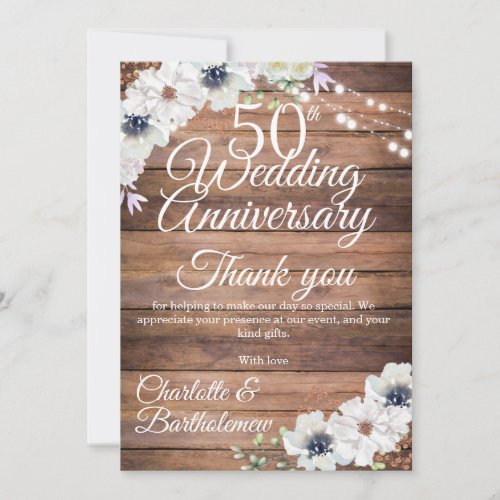 50th Wedding Anniversary Rustic Floral Thank You Card