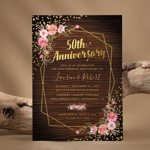 50th Wedding Anniversary Rustic Gold Pink Floral Invitation