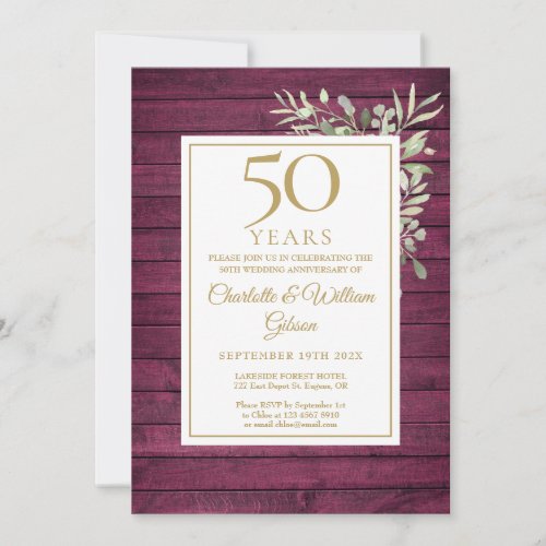 50th Wedding Anniversary Rustic Red Wood Greenery  Invitation