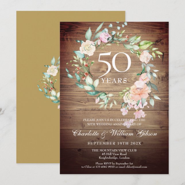 50th Wedding Anniversary Rustic Roses Floral Invitation (Front/Back)