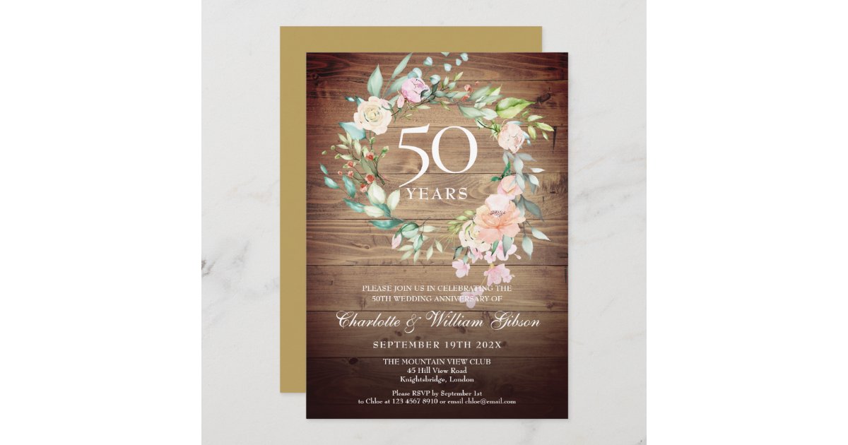 50th Wedding Anniversary Rustic Roses Floral Invitation | Zazzle