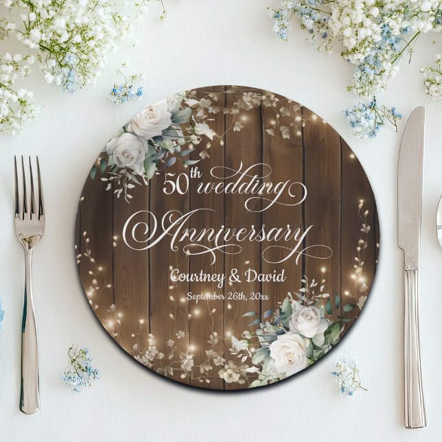 50th Wedding Anniversary Rustic String Lights  Paper Plates (Creator Uploaded)