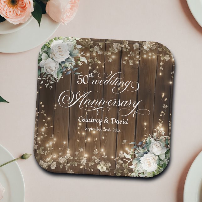 50th Wedding Anniversary Rustic String Lights  Paper Plates (Creator Uploaded)