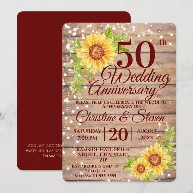 50th Wedding Anniversary Rustic Sunflower Invitation (Front/Back)