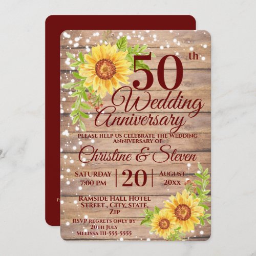 50th Wedding Anniversary Rustic Sunflower Invitation