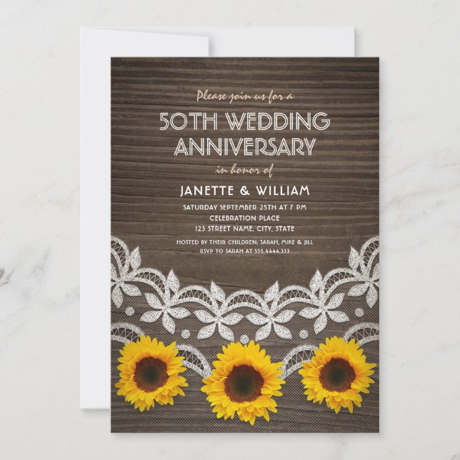 50th Wedding Anniversary Rustic Sunflowers Lace Invitation (Front)